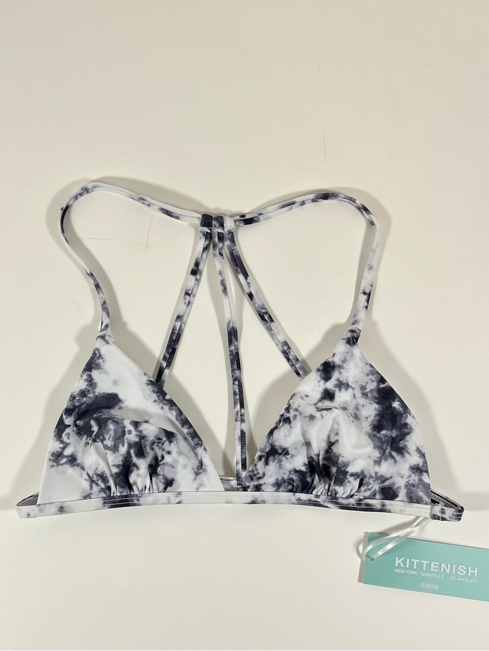 Kittenish Black White Tie-Dye Swim Top Strappy Back, size Large